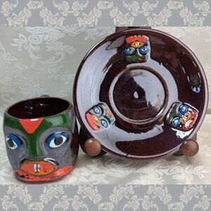 Vintage Redware Tiki God Tea Cup & Saucer Hawaiiana Japan Victoria Ceramics